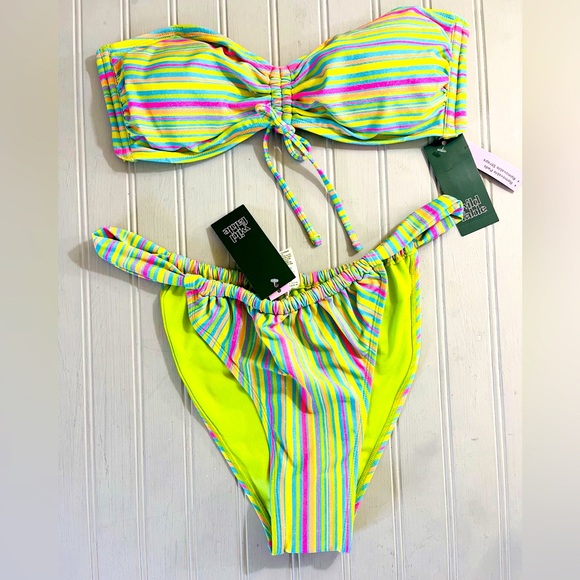 Wild Fable Bandeau Low‎ Rise 2  Piece Bikini Womens XL Green Multi Stripes NWT - Picture 1 of 15